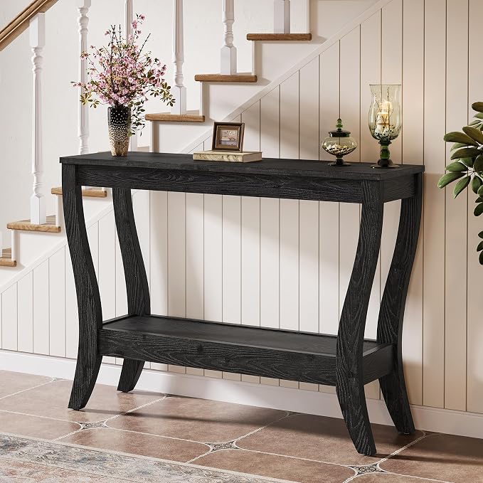 Solid Wood Console Table with Storage, 41.3-Inch Farmhouse Entryway Table with Shelf, 2-Tier Wooden Sofa Table for Living Room, Hallway, Foyer (Black)