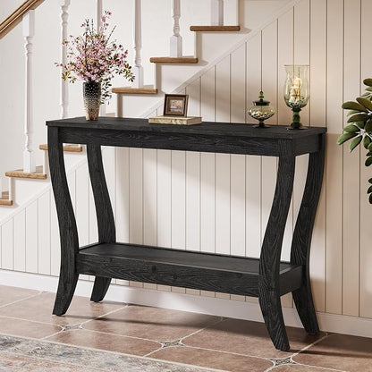 Solid Wood Console Table with Storage, 41.3-Inch Farmhouse Entryway Table with Shelf, 2-Tier Wooden Sofa Table for Living Room, Hallway, Foyer (Black)