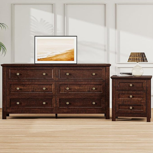 Farmhouse Dresser Nightstand Sets, 2-Piece Bedroom Furniture Set for Home | 6 Drawer Dresser Closet & 3 Drawer Nightstand, Chest of Drawers for Bedroom, Living Room, Entryway, Dark Brown