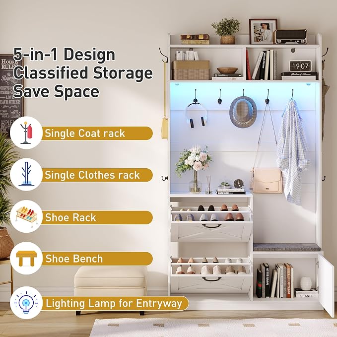 Maupvit Narrow Hall Tree with Shoes Storage, Entryway Bench with Coat Rack and Led Lights, 78" Tall Hall Tree with 9 Coat Hooks, 2 Shoe Storage Cubbies & Umbrella Hooks for Mudroom, Hallway