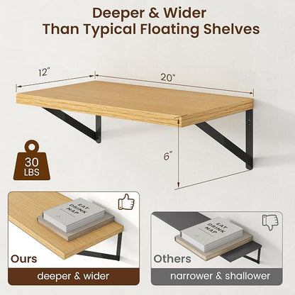 Axeman Deep Floating Shelves - 20 Inch Floating Shelves Set of 2-12 Inch Deep Oak Wall Shelves for Living Room Bathroom Kitchen