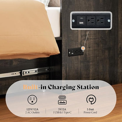 AMERLIFE Queen Murphy Bed Cabinet with 6" Tri-Fold Memory Foam Mattress, Storage Drawer & Charging Station, Space-Saving Guest Bed for Home Office, Black Oak