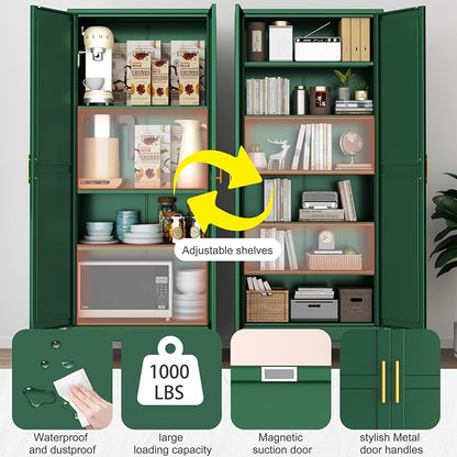 PAOFIN Kitchen Pantry Storage Cabinet with Doors and Adjustable Shelves, Metal ClosetMaid Food Pantry Cabinets, 75" Tall Freestanding Cupboard for Kitchen, Laundry or Utility Room, Green