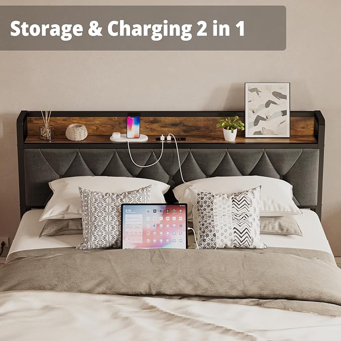 ANCTOR Full Bed Frame, Upholstered Tufted Headboard, Storage Shelves & Charging Station, No Box Springs Needed, Sturdy, Noise-Free, Modern Vintage Style