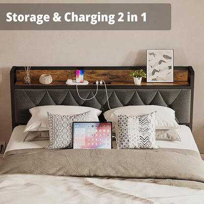 ANCTOR Full Bed Frame, Upholstered Tufted Headboard, Storage Shelves & Charging Station, No Box Springs Needed, Sturdy, Noise-Free, Modern Vintage Style