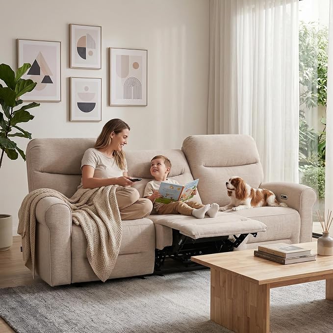 MCombo 87.8" Wall Hugger Power Reclining Sofa, 3-Seat Triple Recliner Couch with USB Ports, Rolled Arm Space Saving Recliner Sofa for Living Rooms Apartments RV, Fabric PR635M5 (Beige)