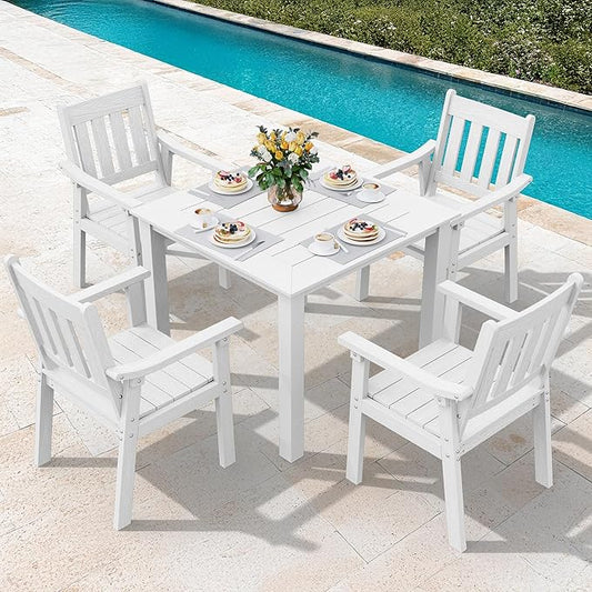 YEFU HIPS Patio Table Set: 5 Piece Outdoor Square Table and Chairs with Metal Aluminum Frame - White Modern Plastic Patio Dining Furniture Set 4 Person for Outside Deck