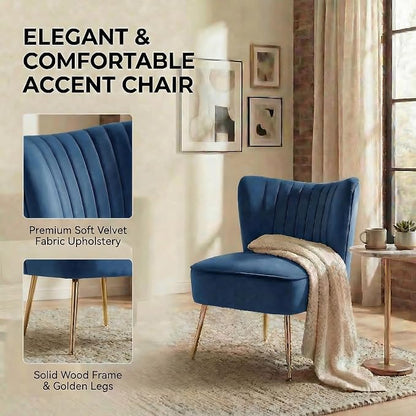DUOMAY Modern Accent Chair Set of 2 Velvet Slipper Chair with Gold Legs Wingback Side Chair for Living Room Bedroom Entryway Small Corner Chair for Space Saving, Blue