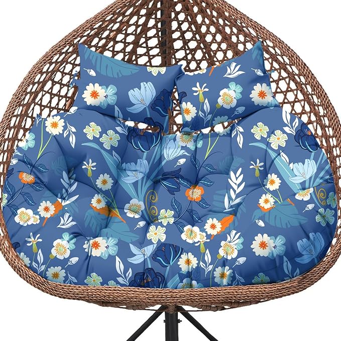 Double Egg Chair Cushion Replacement for Outdoor Patio Hanging Basket Egg Chairs, 59x43 Inch Thickened 100% Cotton Large Waterproof Double Eggs Swing Chair Cushions, Blue Peony