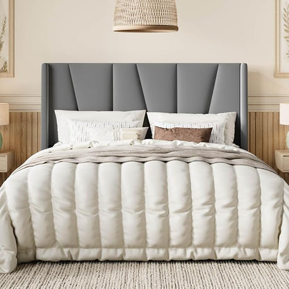 SHA CERLIN Full Size Velvet Bed Frame with Geometric Wingback Headboard, Upholstered Platform Bed with Wooden Slats Support, 8" Under-Bed Space, No Box Spring Needed, Easy Assembly,Light Gray