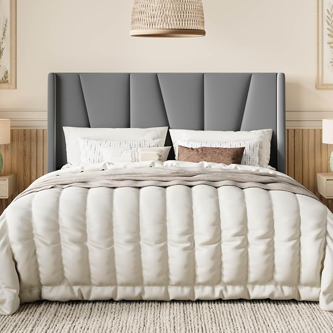 SHA CERLIN Queen Size Bed Frame with Geometric Wingback Headboard, Upholstered Platform Bed with Wooden Slats Support, 8" Under-Bed Space, No Box Spring Needed, Easy Assembly, Light Grey