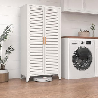 White Metal Storage Cabinet with Doors and 3 Adjustable Shelves 61"Tall Multifunctional Steel Heavy-duty Storage Locker for Kitchen Living Room Bedroom Home Office School 61"H X 27.6"W X 13.8"D