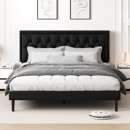 CXVX King Size Platform Bed Frame with Upholstered Velvet Button Tufted Headboard, Mattress Foundation with Wooden Slat Support, No Box Spring Needed, Easy Assembly, Noise Free, Black.