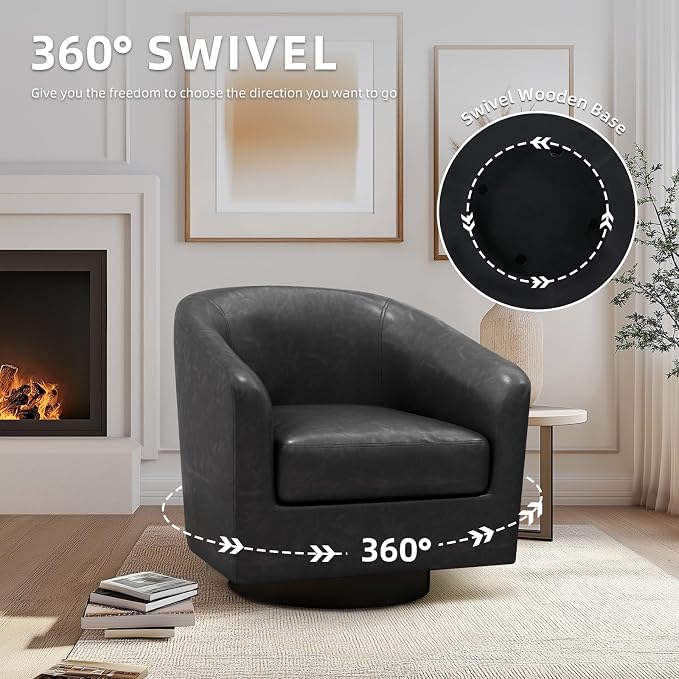 360° Swivel Barrel Accent Chair Armchair, PU Leather Round Club Arm Chair for Lving Room, Modern Upholstered Small Bedroom Single Sofa Seat - Black, Set of 2