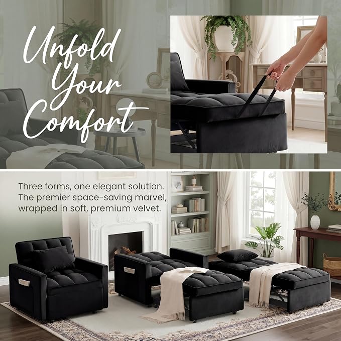 Sleeper Chair, Pull Out Chair Sleeper with Adjustable Back & Pocket, Convertible Chairs Bed Sleepers for Adults, 3 in 1 Sofa Bed Chairs for Small Spaces, Living Room, Black