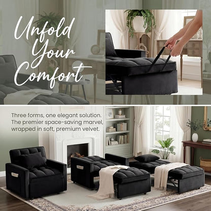 Sleeper Chair, Pull Out Chair Sleeper with Adjustable Back & Pocket, Convertible Chairs Bed Sleepers for Adults, 3 in 1 Sofa Bed Chairs for Small Spaces, Living Room, Black