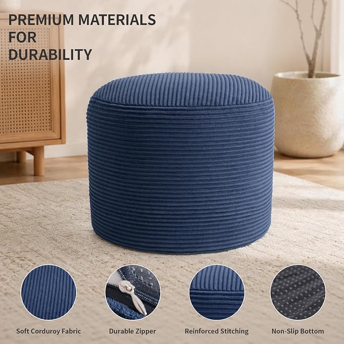 Stuffed Pouf Ottoman Foot Rest with 2.8-inch Solid Foam Base | Odorless Filling Resists Clumping, Washable Corduroy Cover, Round Foot Stool for Living Room Couch Lounging and Home Decor