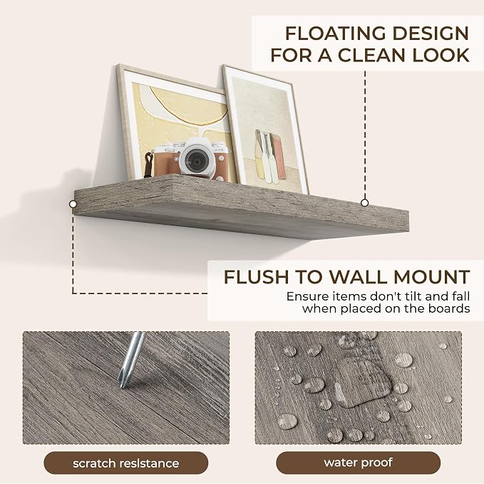 RICHFOCUS 28Inch Floating Shelves for Wall 2 Pack Shelves for Bedroom|Kitchen|Bathroom|Laundry Room Rustic Wood Wall Mounted Shelf with Invisible Brackets for Books|Storage|Decor, Grey