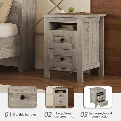 3 Pieces Bedroom Furniture Set Full Size Bed Frame with Storage Headboard and Charging Station, Farmhouse Platform Bed Frames with Nightstand and Dresser, for Bedroom, Living Room (Gray, Full)