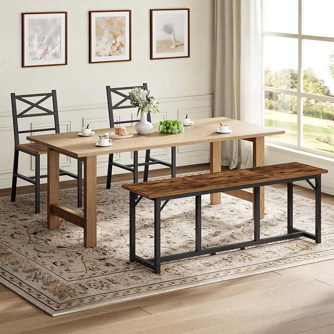 MAHANCRIS Dining Bench, Dining Table Bench, Industrial Kitchen Bench | 47.2 Inch Rustic Entryway Bench, Easy to Assemble, Steel Frame, for Kitchen, Living Room, Bedroom, Hallway, Rustic Brown