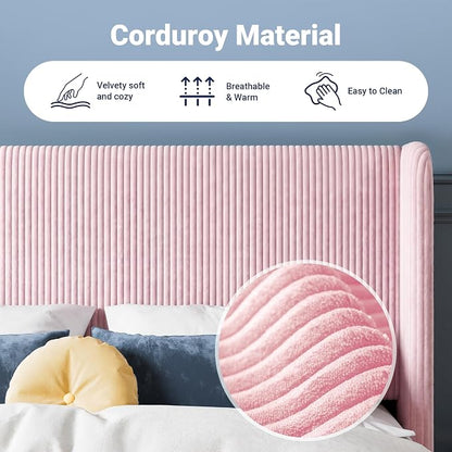 Allewie Full Size Bed Frame with Upholstered Wingback Headboard, Vertical Channel Tufted Corduroy Velvet Platform Bed, Strong Wooden Slats Support, No Box Spring Needed, Easy Assembly, Light Pink