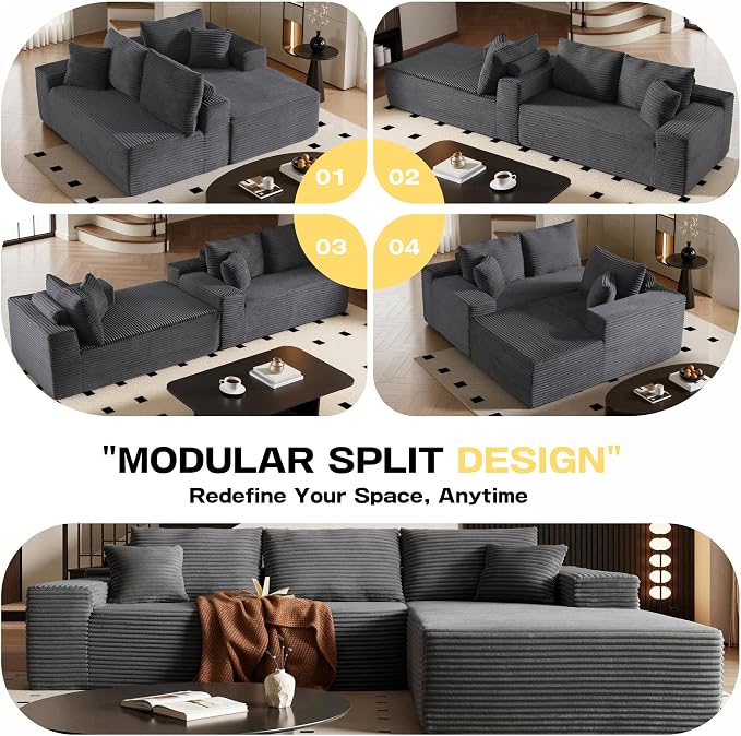 AUGOP 108" Sectional Couches for Living Room Modern Modular Sofa with L-Shape Couchs Upholstered Boneless Couch Deep Seat Sectional Couch with Chaise (Dark Grey, 108" Right Facing Chaise+2Seaters)