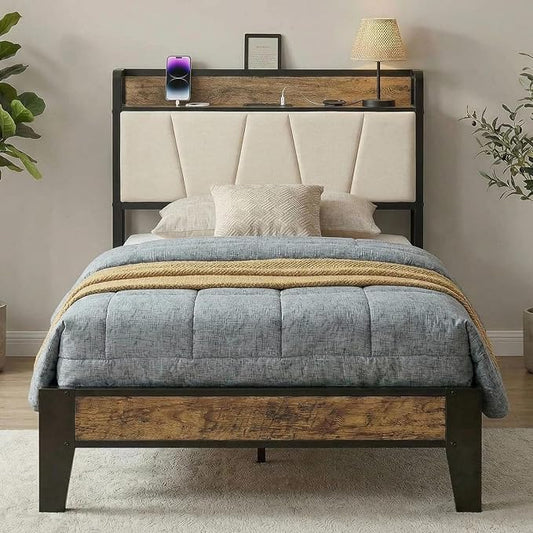 LIKIMIO Twin Bed Frames with Storage Headboard & Charging Station | Upholstered Headboard, Storage Shelf, Solid and Stable, Noise Free, No Box Spring Needed, Easy Assembly (Walnut and Beige)