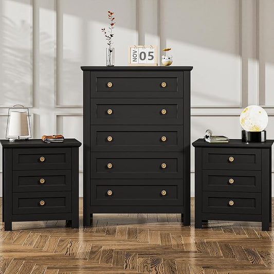 Farmhouse Dresser Nightstand Sets, 3-Piece Bedroom Furniture Set for Home | 5 Drawer Dresser Closet & 3 Drawer Nightstand Set of 2, Chest of Drawers for Bedroom, Living Room, Entryway, Black
