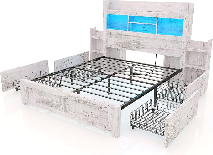 LUXOAK Queen Bed Frame with 49.6" Bookcase Headboard & 4 Drawers & 2 Detachable Bedside Stoage Racks, Farmhouse Wood Bed Frame with RGB LED & Charging Station, No Box Spring Needed, Distressed White