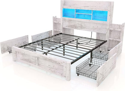 LUXOAK Queen Bed Frame with 49.6" Bookcase Headboard & 4 Drawers & 2 Detachable Bedside Stoage Racks, Farmhouse Wood Bed Frame with RGB LED & Charging Station, No Box Spring Needed, Distressed White
