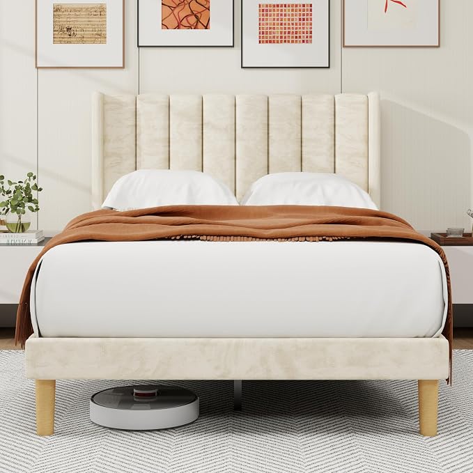 alazyhome Platform Bed Frame Full Size with Upholstered Headboard, Solid Wood Slats Support, No Box Spring Needed, Noise Free, Easy Assembly, Modern Velvet Bed, Beige