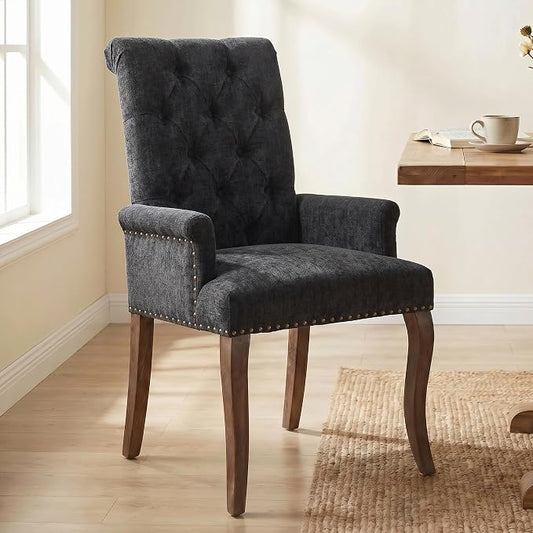 Upholstered Dining Chairs with Arms, Black, 1 Pack | Tufted Chenille Kitchen Chairs with Arms, Modern Farmhouse Armchair with Nailhead Trim for Dining Room, Home Office
