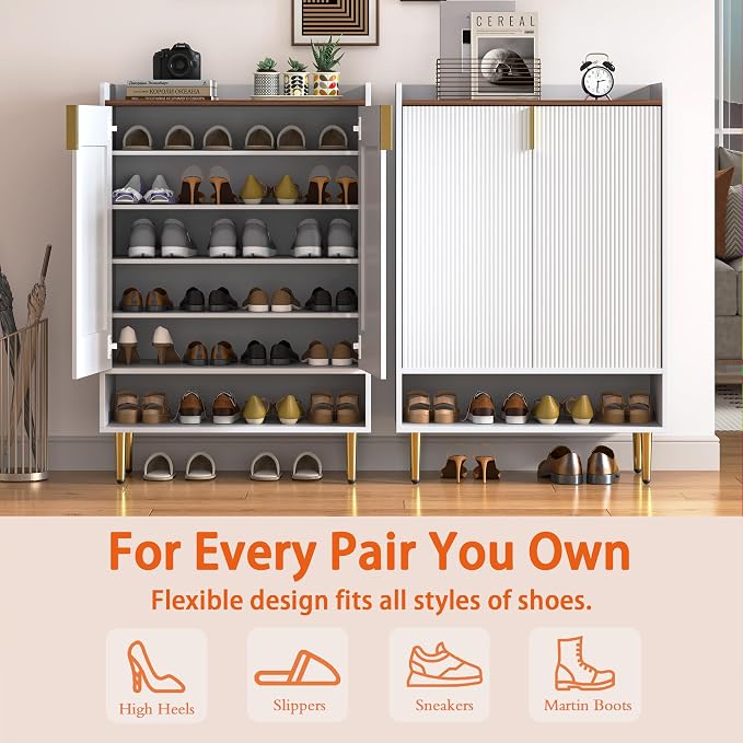 Modern Shoe Storage Cabinet, 7-Tiers White Shoes Cabinet with Fluted Doors, 45 inch Tall Wooden Shoe Organizer with 4 Adjustable Shelves, Storage Cabinet for Entryway, Hallway, Front Door