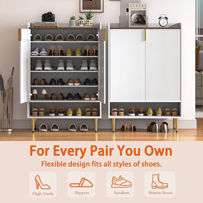 Modern Shoe Storage Cabinet, 7-Tiers White Shoes Cabinet with Fluted Doors, 45 inch Tall Wooden Shoe Organizer with 4 Adjustable Shelves, Storage Cabinet for Entryway, Hallway, Front Door