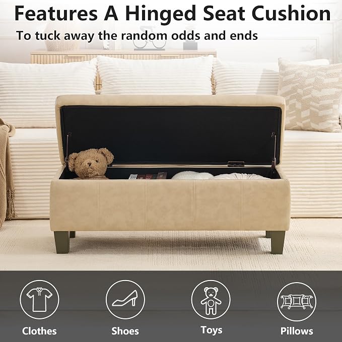 41" Storage Ottoman, Storage Bench with Safety Hinge, Upholstered Synthetic Leather Ottoman Bench for Bedroom, Living Room, Entryway, Hallway, Foot Rest, Support 500lbs