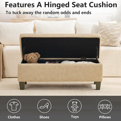 41" Storage Ottoman, Storage Bench with Safety Hinge, Upholstered Synthetic Leather Ottoman Bench for Bedroom, Living Room, Entryway, Hallway, Foot Rest, Support 500lbs