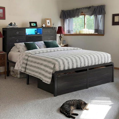 Homkdom Full Size Bed Frame with 8 Fabric Drawers Storage, LED Lights & Charging Station, Metal Platform Bed Frame with Headboard Storage Providing Noise-Free and Easy Assembly,Black