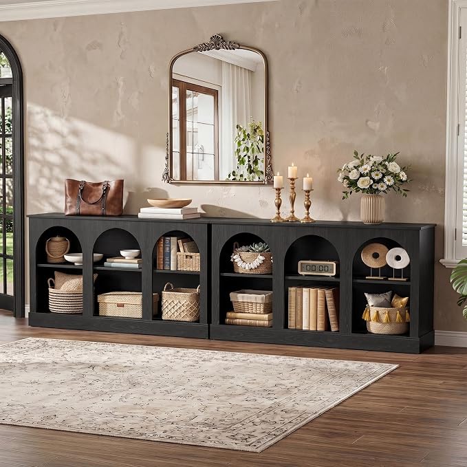 Tribesigns Farmhouse Console Table Set of 2, Extra Long Entryway Table with 3 Tier Storage, Wooden Rectangular Sofa Table Behind The Couch for Entrance, Hallway, Living Room, Black