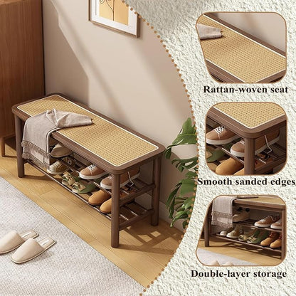SOBIBO Bamboo Shoe Rack Bench with Rattan Seat, 3-Tier Shoe Storage Bench, Entryway Bench for Hallway Walnut-23.62 inches