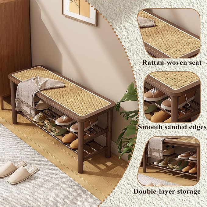 SOBIBO Bamboo Shoe Rack Bench with Rattan Seat, 3-Tier Shoe Storage Bench, Entryway Bench for Hallway, Walnut-31.5 inches