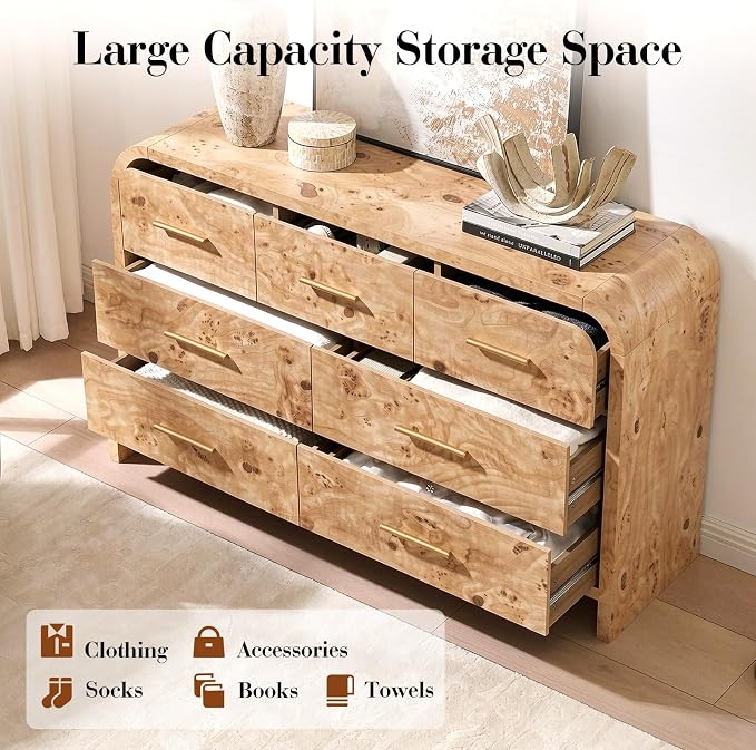 Curved 7 Drawer Dresser for Bedroom, 53.82'' Wide Chest of Drawers, Modern Storage Cabinet for Hallway & Living Room TV Stand, FSC Certified 1.18" Thick Board, 100 lbs Top Weight, Light Burl