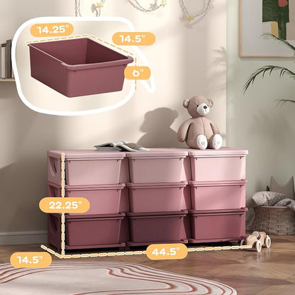 Qaba 3 Tier Kids Storage Unit, Toy Organizers and Storage with 9 Drawer Chest for Kids Bedroom Nursery Kindergarten Living Room for Boys Girls Toddlers, Pink
