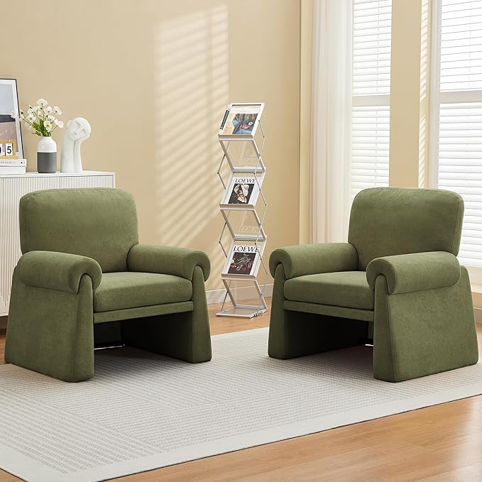 Accent Chairs Set of 2, Modern Living Room Chairs, Comfy Single Sofa Chair with Thick Cushion and Armrests, Upholstered Reading Club Chair, Arm Chair for Living Room Bedroom, Green