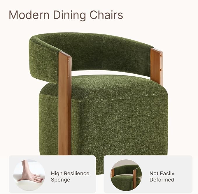 KISLOT Upholstered Dining Chairs Set of 4, Barrel Modern Dining Room Chairs with Casters, Kitchen Side Wooden Armchair with Fabric Cushion Seat for Bedroom, Livingroom, Reading Room, Green, 4 Boxs