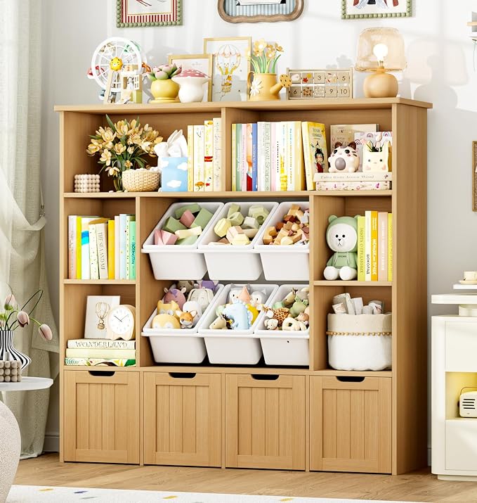 FINETONES Toy Storage Organizer with 6 Toy Bins, Large Toy Organizers and Storage with 4 Movable Drawers and 6 Storage Cubbies, Kids Toy Storage and Toy Chest for Playroom and Kids Room, Natural