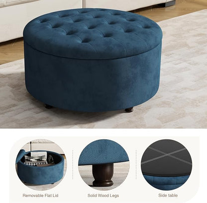 30 Inch Round Storage Ottoman,Modern Blue Tufted Ottomans,Circular Coffee Table with Removable Top,Upholstered Large Ottoman with Storage Footrest Stool for Bedroom Living Room (Blue)