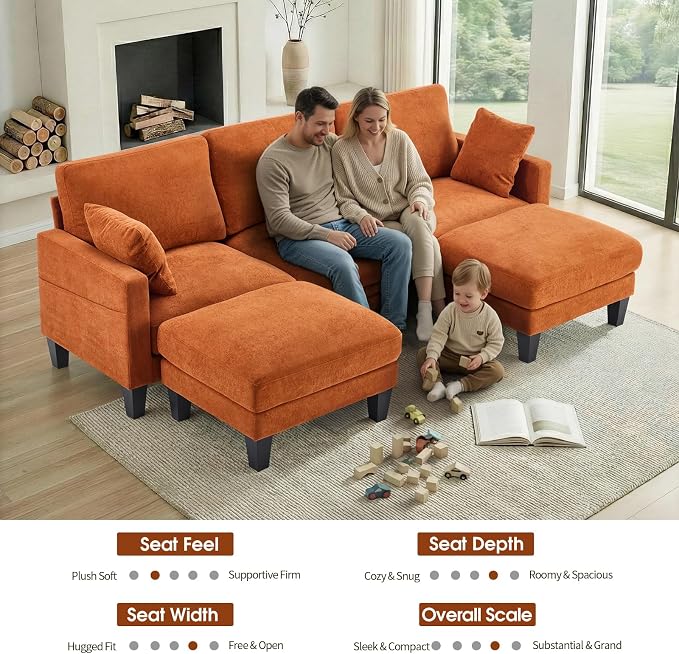 VINGLI 100" W U Shaped Couch with Ottoman, 22" Deep Seat Comfortable Sectional Couches for Living Room, 3 Seater Chenille Fabric Cloud Sofa for Apartment, Small Spaces, Bedroom, Orange