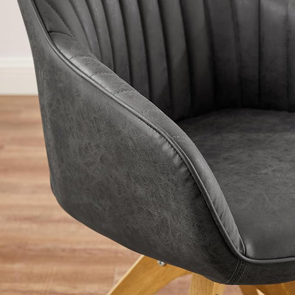 Art Leon Office Chair No Wheels, Mid Century Modern Desk Chair, Swivel Accent Chair with Oak Wood Legs, Faux Leather Upholstered Armchair for Desk, Black