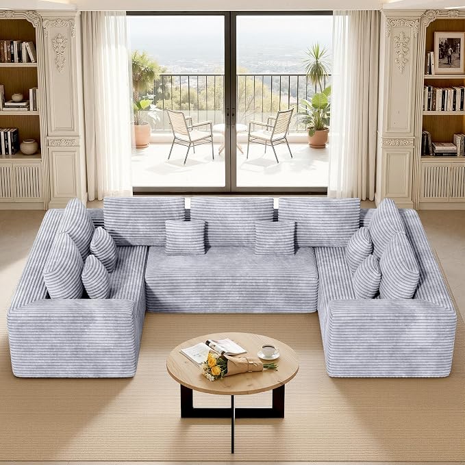 Luxanimarion 136'' Large Sectional Cloud Couches with Chaise, U Shaped Boneless Loveseat Sofa, No Assembly Required Deep Seat Modular Lounge for Living Room 3PCS Set, Bedroom(Light Grey)