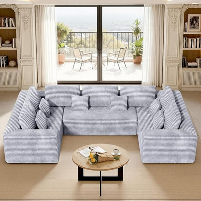 Luxanimarion 136'' Large Sectional Cloud Couches with Chaise, U Shaped Boneless Loveseat Sofa, No Assembly Required Deep Seat Modular Lounge for Living Room 3PCS Set, Bedroom(Light Grey)